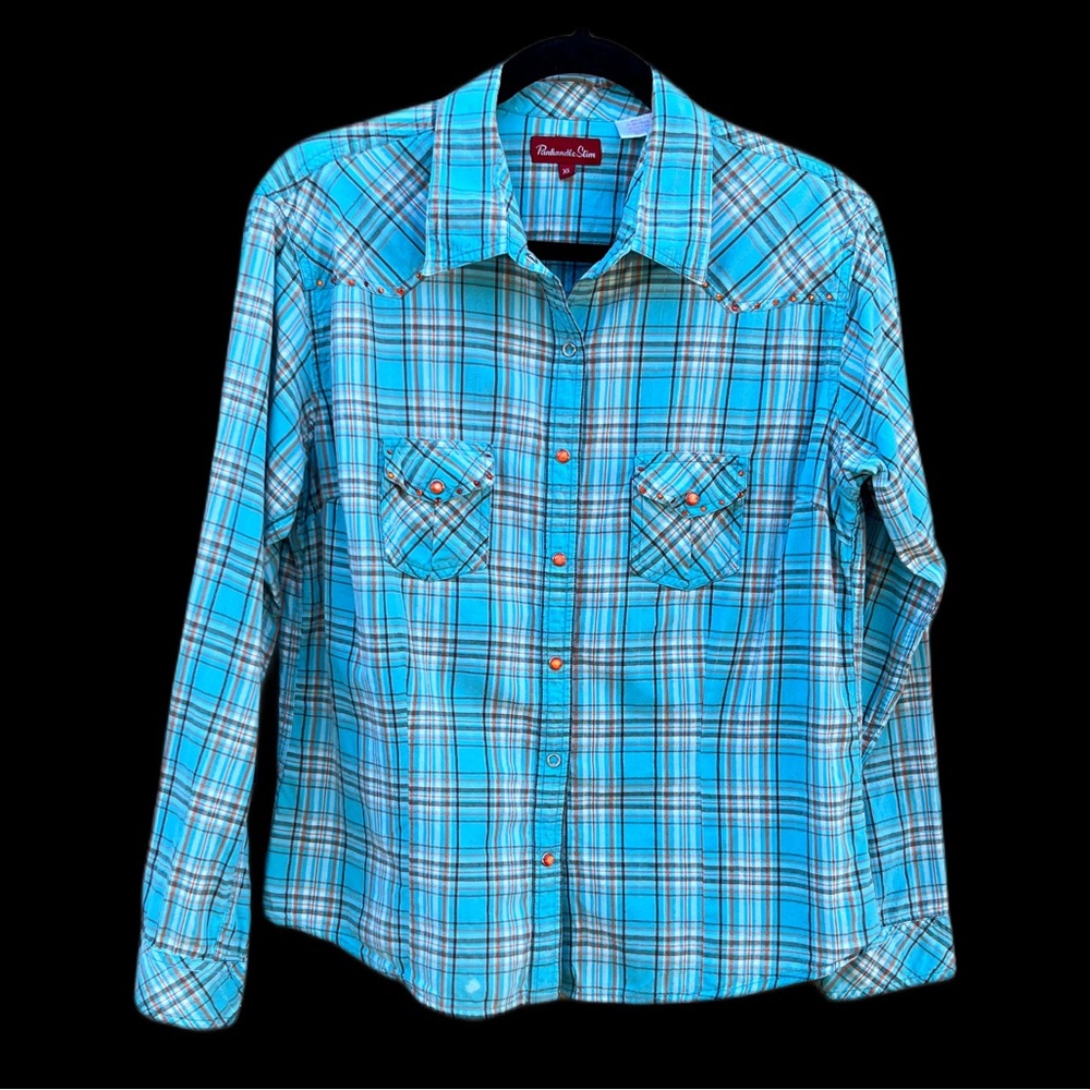 Panhandle Slim Western Turquoise Plaid Shirt Orange Pearl Snaps & rhinestones XL